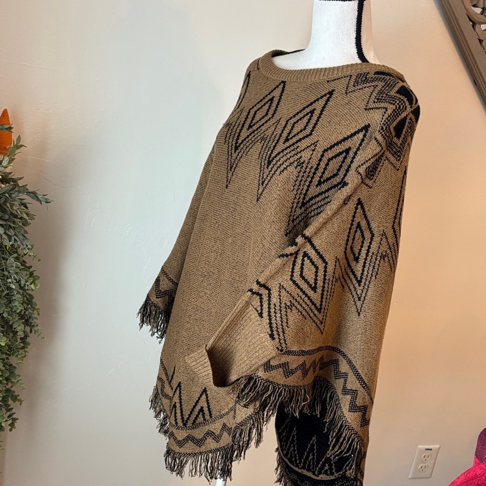Geometric Patterned Brown Poncho Sweater